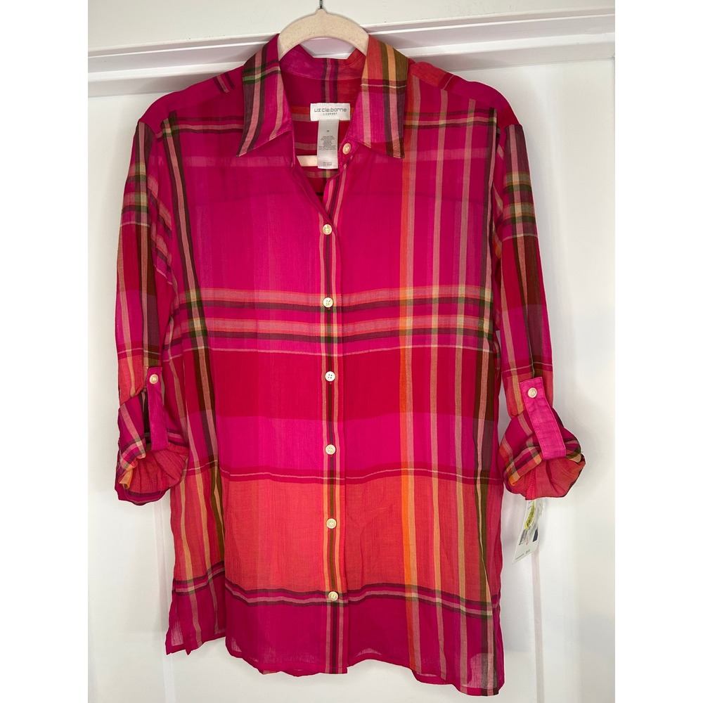 NEW Liz Claiborne Lizsport Womens Pink Plaid Roll Tab Button Down Shirt‎ Medium